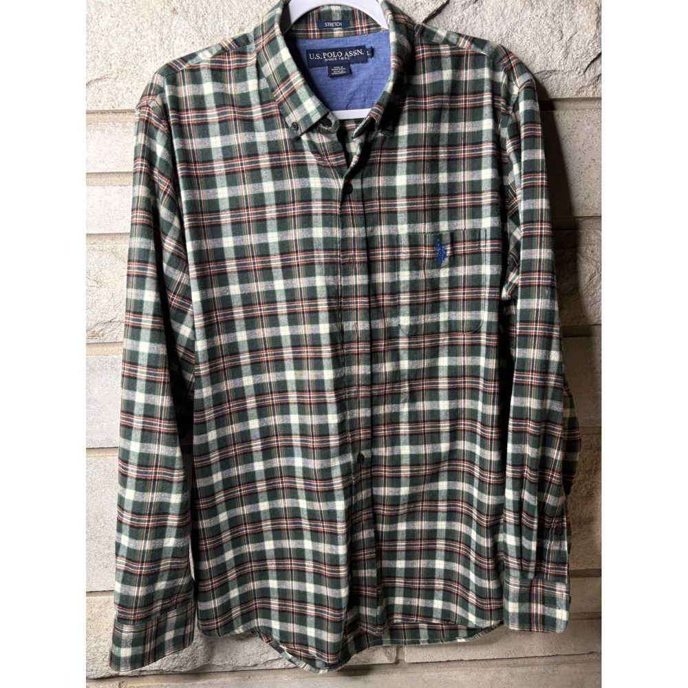 US Polo Assn Mens‎ Stretch Plaid Button Down Shirt Green Orange Tartan Large L